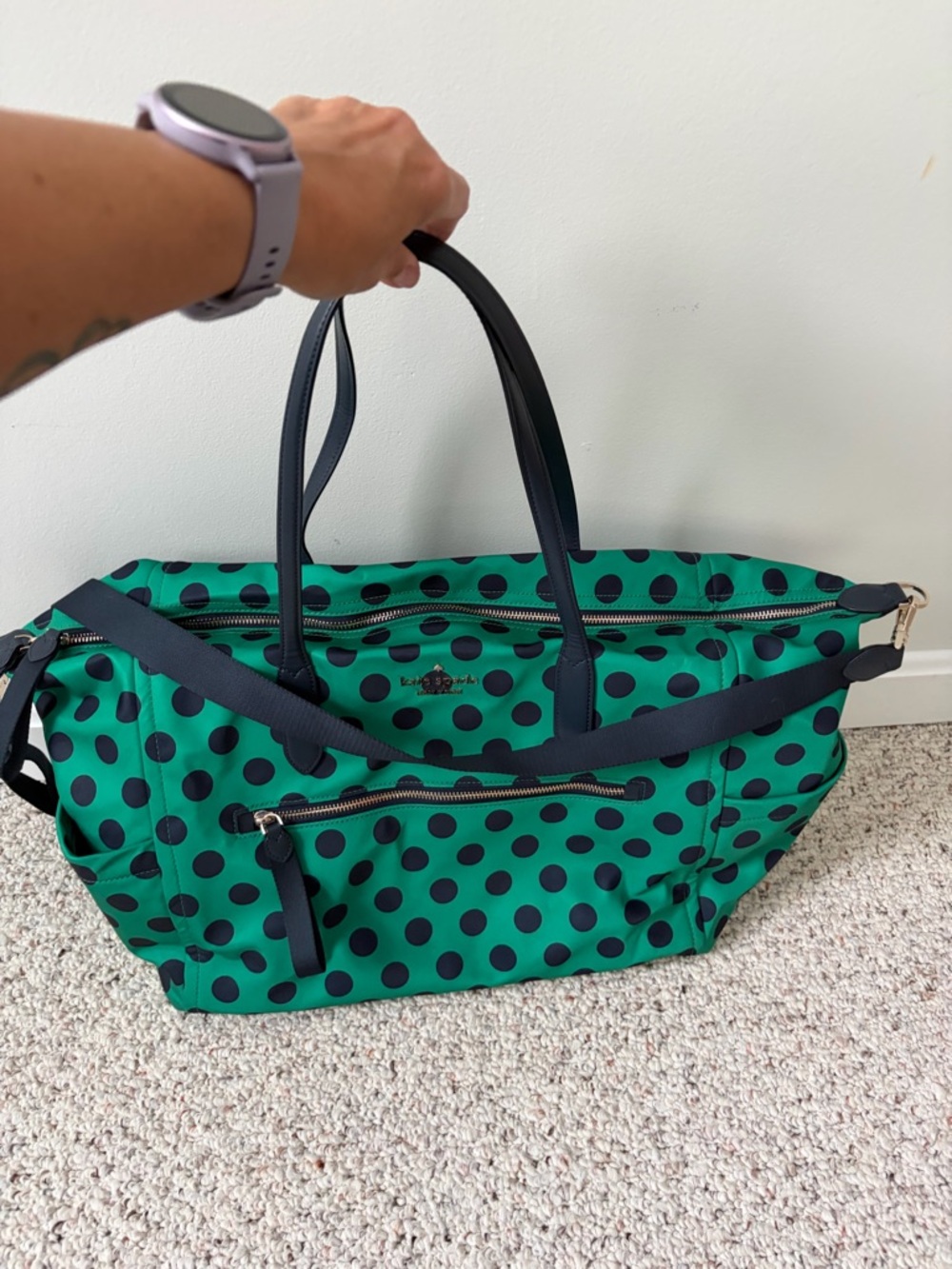 kate spade Green and Navy Polka Dot Weekender Tote